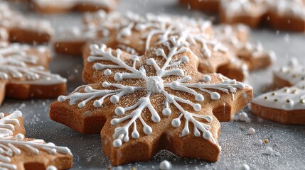 festive gingerbread snowflake cookies with icing decoration isolated  holiday baking decor ideas christmas new year winter holidays