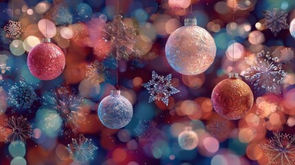 a festive background filled with floating christmas ornaments and intricate snowflakes soft glowing bokeh lights cheerful holiday colors horizontal composition