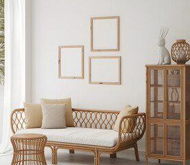 Cozy rattan living room with natural light and artwork