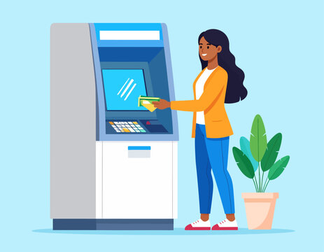 A smiling woman in a yellow jacket inserts a credit card into an ATM machine next to a potted plant.