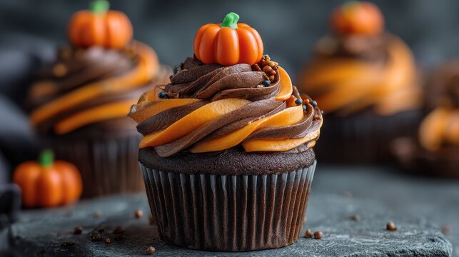 closeup of a festive chocolate halloween cupcake with swirled orange and brown frosting and a candy pumpkin topper - Powered by Adobe