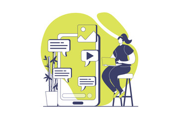 Marketing web concept with flat people for website design. Woman chatting and posting in blog, attracting new customers, doing advertising campaigns, getting client feedback. Vector illustration.