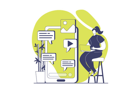 Marketing web concept with flat people for website design. Woman chatting and posting in blog, attracting new customers, doing advertising campaigns, getting client feedback. Vector illustration.