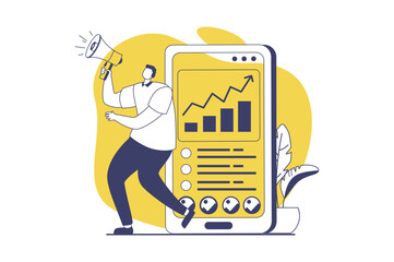 Marketing web concept with flat people for website design. Man with megaphone announcing promo information, attracting audience online, increasing followers statistic and rating. Vector illustration.