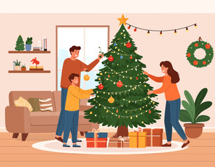A family decorates a Christmas tree with ornaments and lights in their living room, surrounded by gifts and festive decorations.