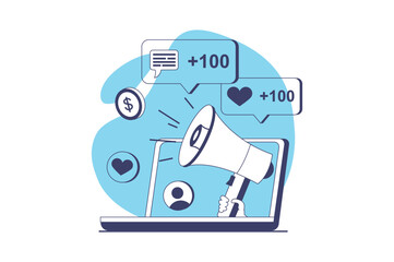 Marketing web concept with flat people for website design. Advertising campaigns with viral posts, attracting audience online, increasing followers and influencing clients. Vector illustration.