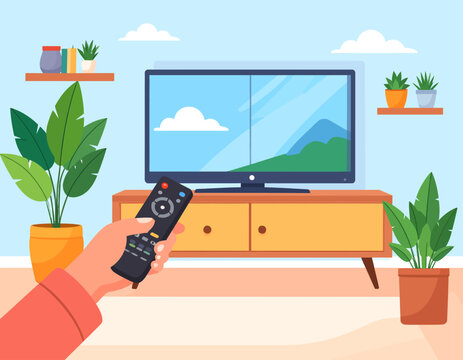 Illustration of a hand holding a remote control pointed at a television displaying a landscape scene in a cozy living room setting.