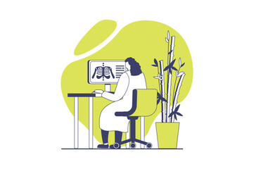 Medical clinic web concept with flat people for website design. Doctor making diagnosis with x-ray, analyzing bones radiology scan, doing prescription and treatment in hospital. Vector illustration.