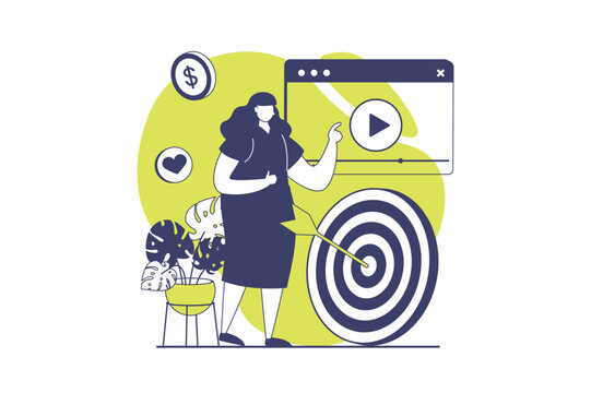 Marketing web concept with flat people for website design. Woman making video content with promo information, attracting audience online, targeting and efficiently aiming goal. Vector illustration.
