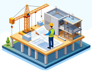 Isometric illustration of a construction worker examining blueprints on a building site with a crane and partially constructed building.