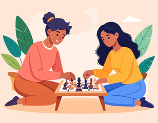 Two young women are playing chess on a small table, kneeling on the floor, surrounded by stylized leaves and a light background.