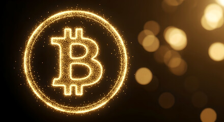Glowing Golden Bitcoin Symbol with Particle Effect. Cryptocurrency, Blockchain, and Digital Finance