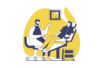 Medical clinic web concept with flat people for website design. Woman visiting dentist office, getting doctor consultation in chair, dental disease diagnostics and teeth checkup. Vector illustration.