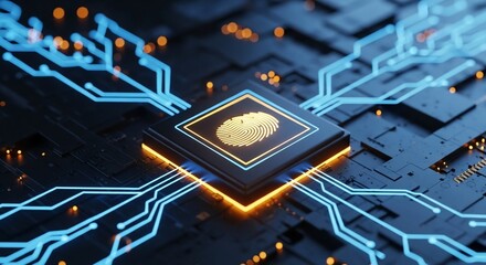 Modern fingerprint authentication system with glowing circuit design secures data for tech driven future
