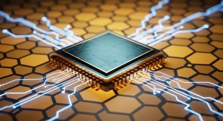 Modern CPU chip with glowing data paths for innovative technology applications and digital transformation concepts