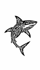 Naklejka premium A powerful shark illustrated in a black and white intricate Polynesian tribal tattoo style.