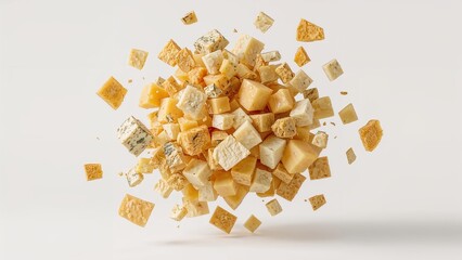 Assorted diced cheese in various shades of yellow and white, scattered in mid-air against a plain white background.