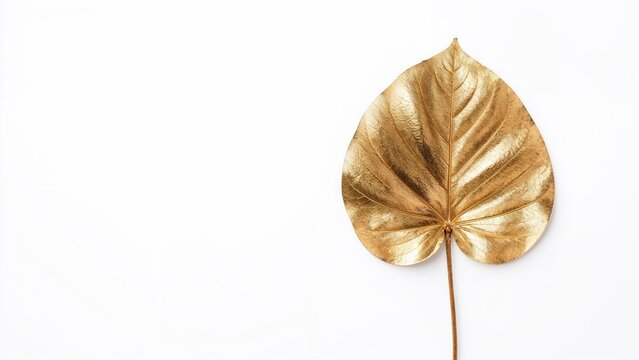 Golden leaf on white background. Artistic nature detail. Minimalistic natural design. Elegant botanical element.