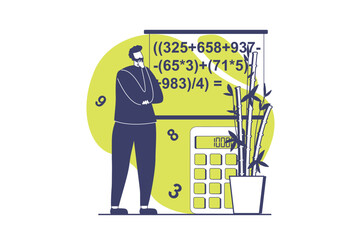 Mental mindset types web concept with flat people for website design. Man with analytical, logical and structural mind solving mathematical problem and doing science research. Vector illustration.