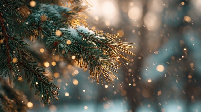 closeup of green pine tree branches with golden lights blurred snow background christmas vibe bokeh effect and soft lighting - Powered by Adobe
