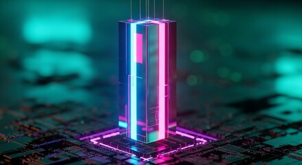 Futuristic technology core glows with vibrant neon colors, symbolizing data processing and innovation