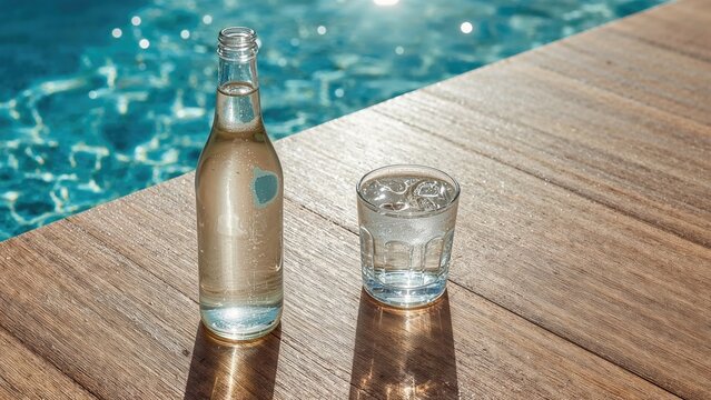 A bottle of water and a glass of water on a wooden surface near a pool. - Powered by Adobe