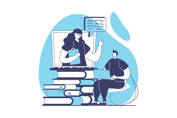 Online education web concept with flat people for website design. Man student learning at video lessons, watching seminars with teacher, trainings at webinars and e-learning. Vector illustration.