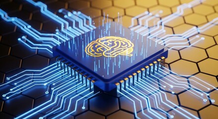 Cutting edge AI technology with glowing brain on microchip for next generation intelligent systems