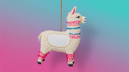 Obraz premium Colorful stuffed llama hanging from a string with a gradient pink and blue background.