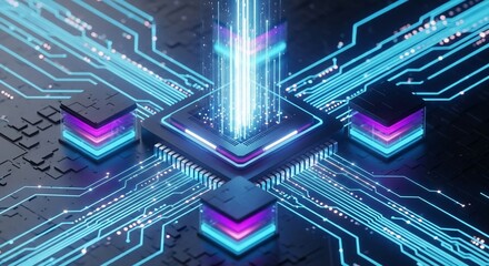 Futuristic technology circuit board with glowing lights and data streams for modern digital solutions