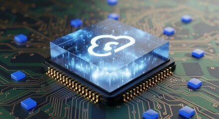 Digital cloud computing icon glowing on futuristic microchip circuit board, representing data storage and connectivity.
