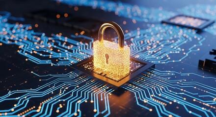 Secure digital data with glowing padlock on futuristic circuit board, representing cybersecurity innovation.