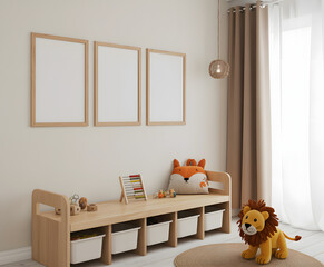 Cozy children s room with wooden bench and stuffed animals
