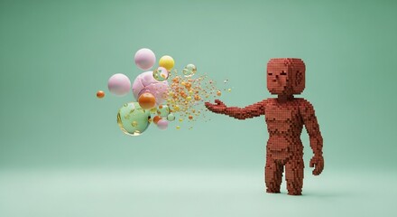 Pixelated figure releases vibrant abstract elements, conceptualizing creativity and innovation in digital art.