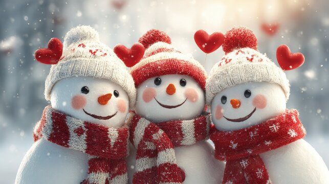 three adorable snowmen smile brightly dressed in white beanie hats and red scarves as they gather in a snowy winter wonderland surrounded by red hearts