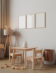 Cozy children s play area with wooden furniture and neutral decor