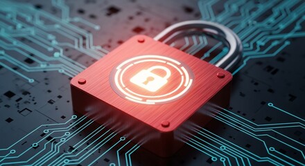 Secure digital world with glowing red padlock on circuit board, symbolizing cybersecurity protection