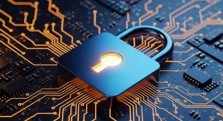 Secure digital data with glowing padlock on futuristic circuit board, symbolizing cybersecurity and protection.