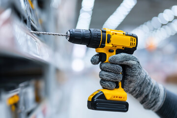 Faceless industrial worker reaching for a cordless screwdriver from a modern virtual shelf, soft depth of field and clean background, with copy space.