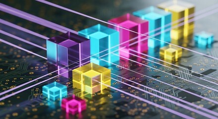 Dynamic data visualization with glowing cubes on circuit board, representing digital information flow