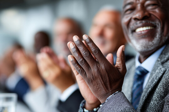 Close up, Boardroom full of leaders applauding successful deal