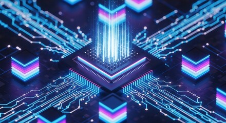 Dynamic digital circuit board pulses with vibrant blue and pink data streams, representing modern technology and innovation.