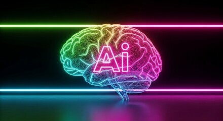 Vibrant neon brain wireframe with AI text signifies futuristic intelligence and innovation.