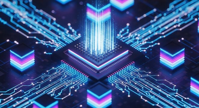 Dynamic digital circuit board pulses with vibrant blue and pink data streams, representing modern technology and innovation. - Powered by Adobe