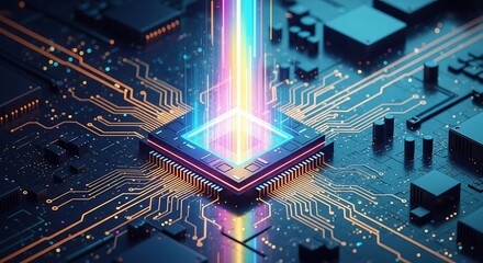 Dynamic abstract digital circuit board with vibrant neon data flow, representing advanced technology and innovation.