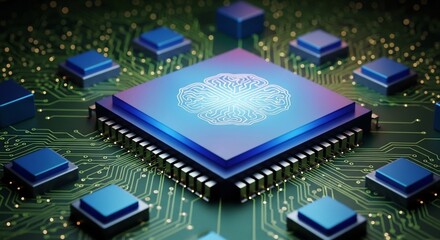 Obraz premium Advanced AI processor with glowing brain symbol on intricate circuit board, symbolizing future technology and innovation.