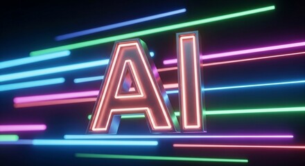 Dynamic AI concept with glowing neon lights and futuristic streaks, representing innovation and technology's rapid advancement.