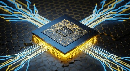 Dynamic abstract digital circuit board with glowing data streams symbolizing advanced technology and innovation.