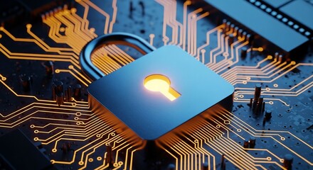 Digital lock secures glowing circuit board, symbolizing advanced cybersecurity and data protection solutions
