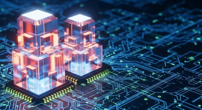 Futuristic digital data servers glowing with vibrant energy on a complex circuit board background - Powered by Adobe